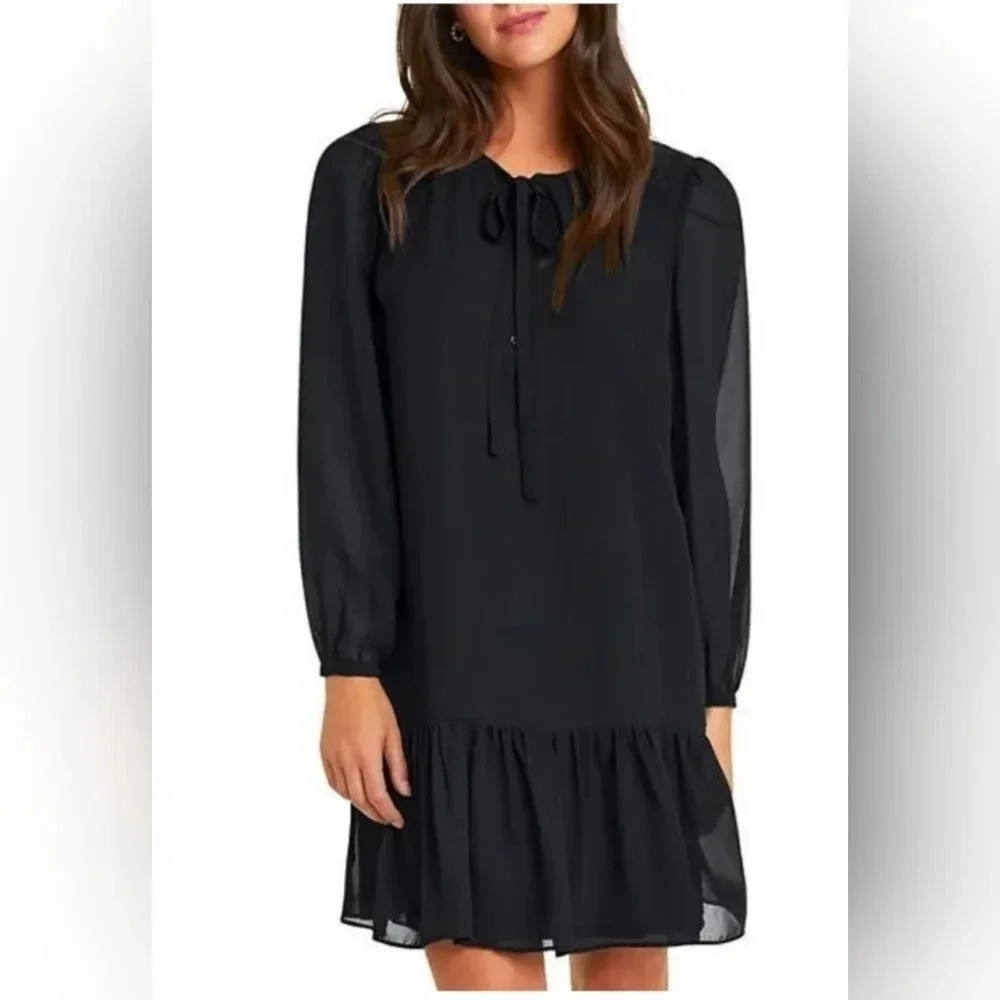 NWT Draper James Black Chiffon Flounce Shift Dress XS Sheer Sleeve Drop Waist